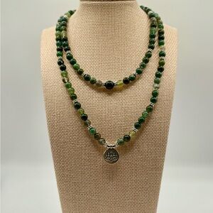 Green Beaded Necklace with Silver Pendant